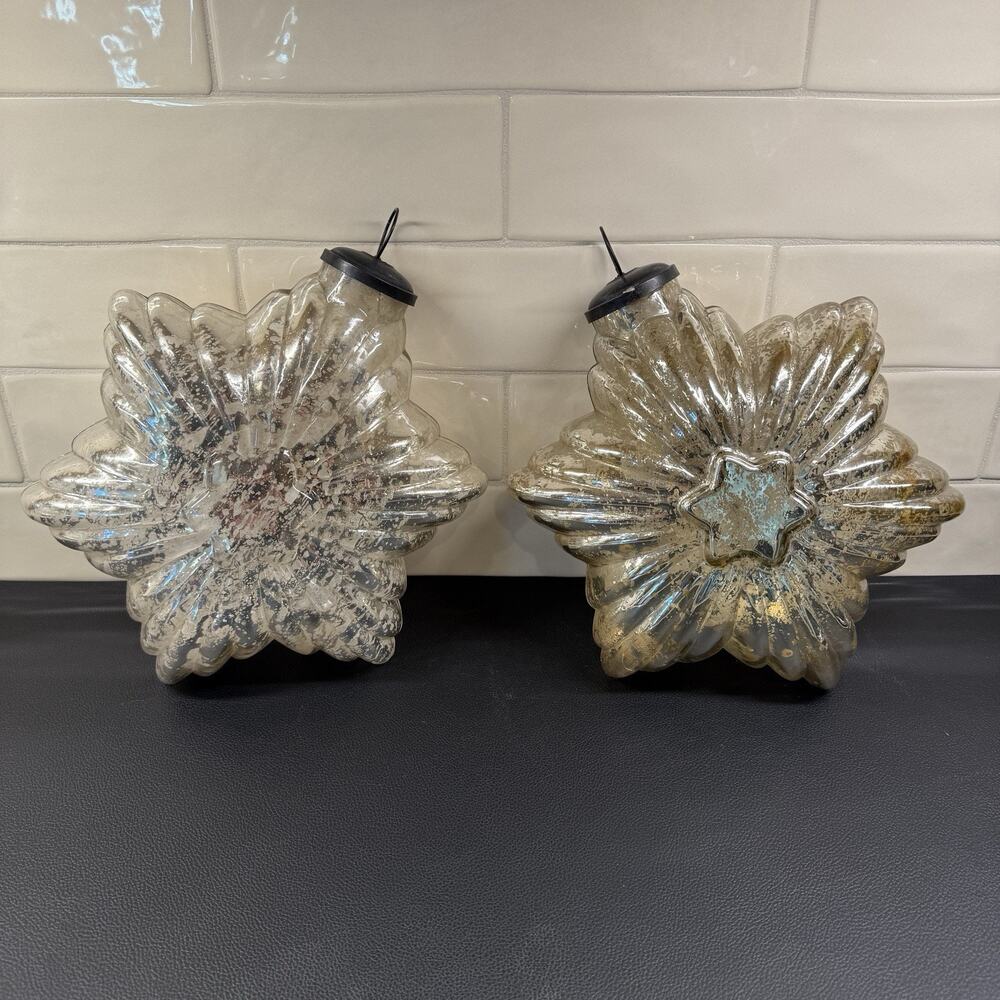 2 Large 10” Vintage Hand Blown Molded Mercury Glass Kugel Star Ornaments